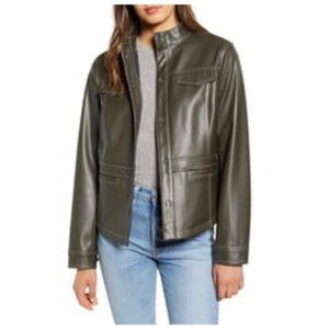 NEW Sam Edelman Faux Leather Snap Front Jacket Color Loden Green Size M NWT $150